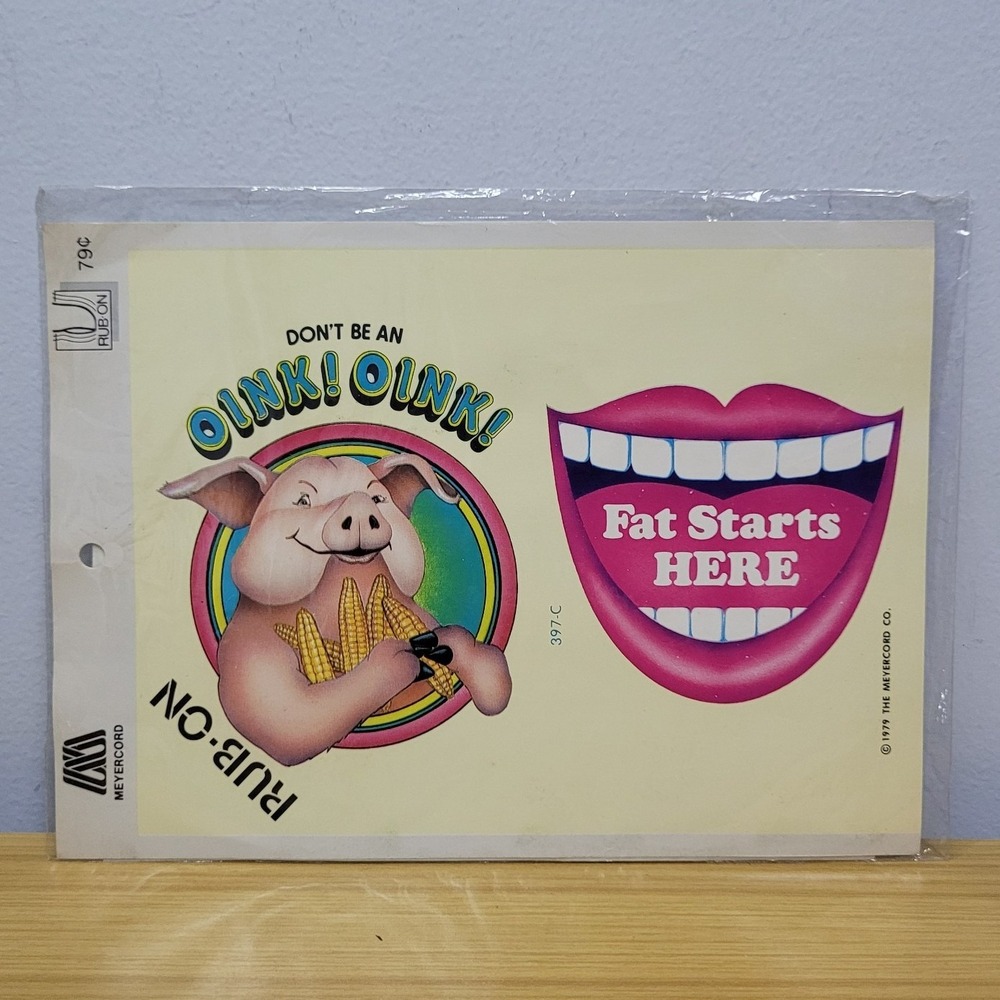 Vintage 1970s Meyercord Rub-On Transfer Decal Set Fat Starts Here Oink Oink 1979